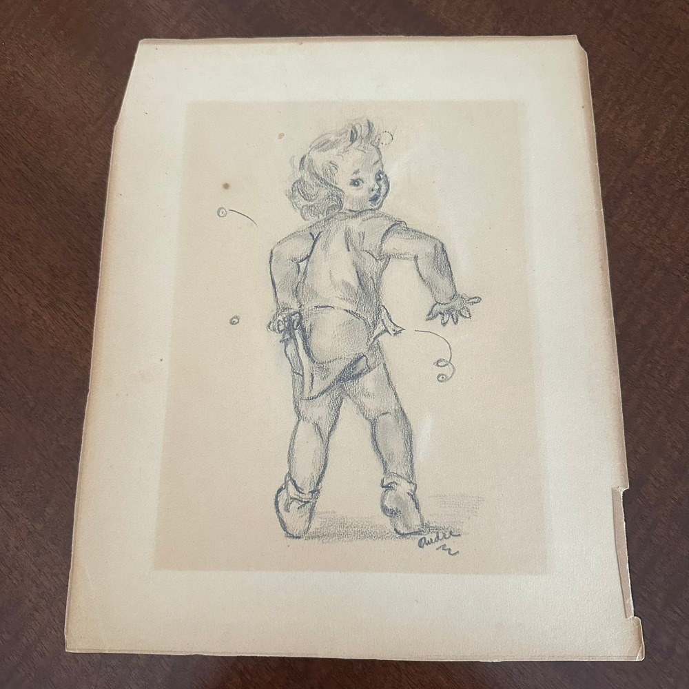 Vintage Audie Signed Pencil Sketch Drawing Mid Century Child Illustration Art
